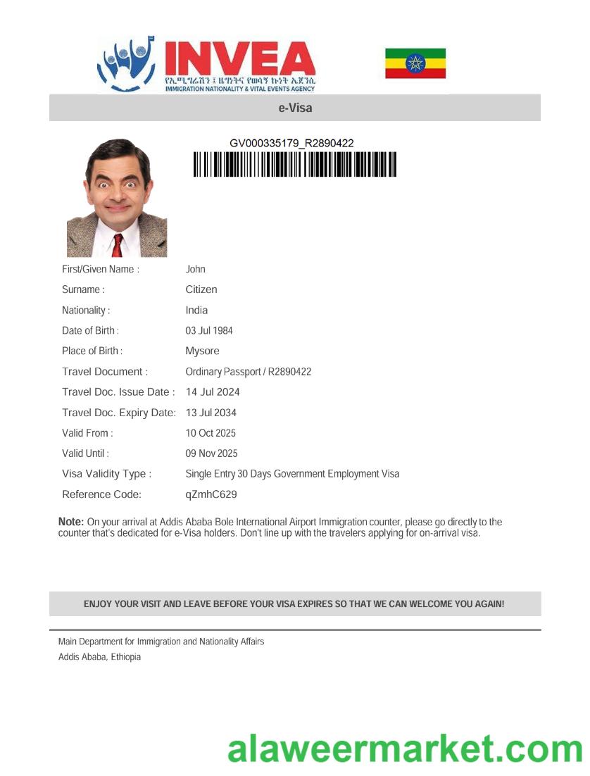Ethiopia e-visa template in Word and PDF formats
